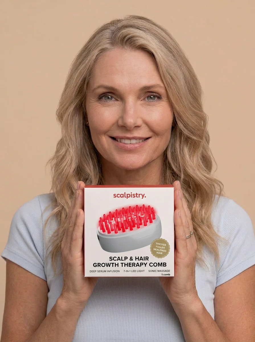 Woman holding Scalpistry Scalp & Hair Growth Therapy Comb